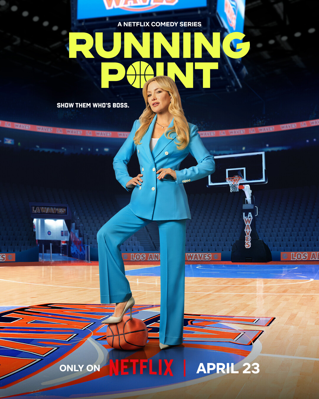 Key Art for Running Point Season 2 features Kate Hudson in a blue suit.