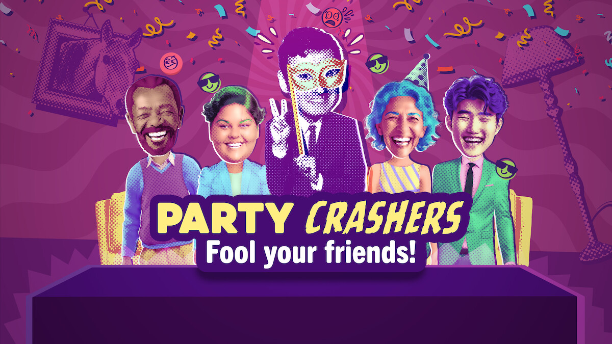 Five animated people with exaggerated facial features sit on a couch at a lively, colorful party with streamers and confetti, smiling and laughing. Text reads "Party Crashers Fool your friends!" The mood is fun and playful.
