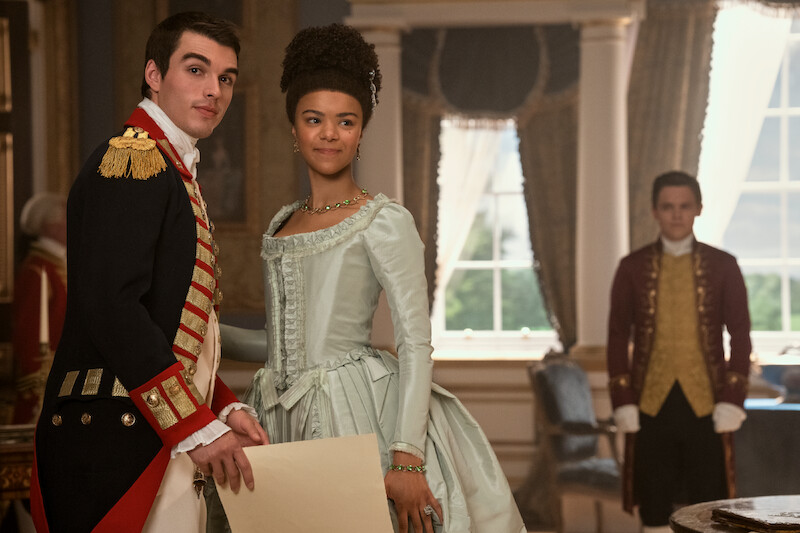 Corey Mylchreest as Young King George, India Amarteifio as Young Queen Charlotte and Sam Clemmett as Young Brimsley.