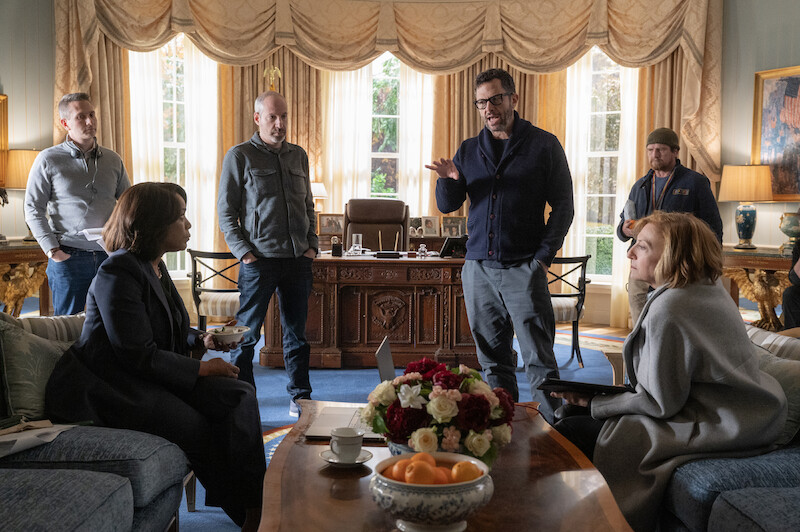 Angela Bassett as President Mitchell, Executive Producer Noah Oppenheim, Executive Producer Eric Newman and Director Lesli Linka Glatter on the set of 'Zero Day'