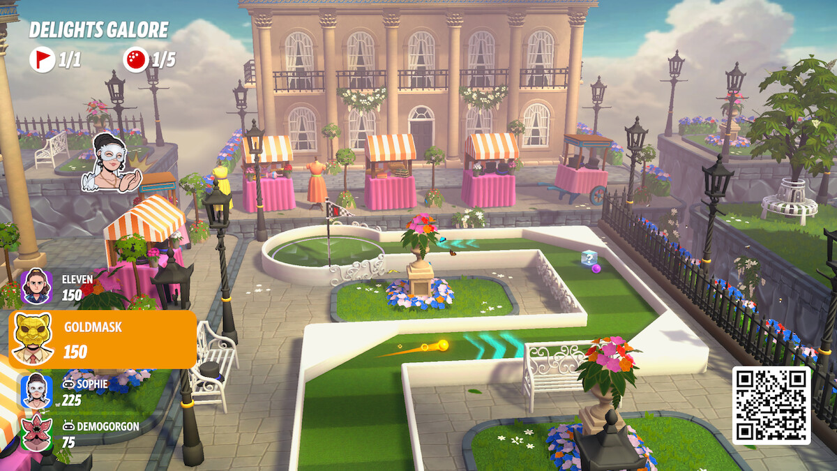 Colorful mini-golf video game scene with multiple players, whimsical gardens, street lamps, flowerbeds, striped vendor stalls, and a grand building backdrop in daylight; player scores visible on left.