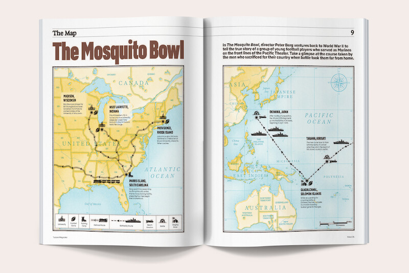Two-page magazine spread showing maps: left page displays a route across the USA titled "The Mosquito Bowl," right page shows ship routes across the Pacific Ocean with labels, map keys, and accompanying descriptive text.
