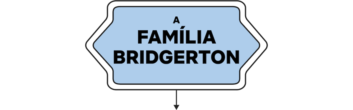 Blue arrow-shaped sign with black border, displaying the text "A FAMÍLIA BRIDGERTON" in Portuguese, set against a white background. The design suggests information or direction related to the Bridgerton family.