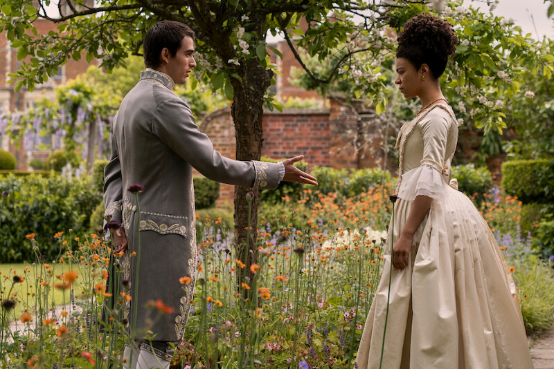 Corey Mylchreest and India Amarteifio as young King George and Queen Charlotte. 