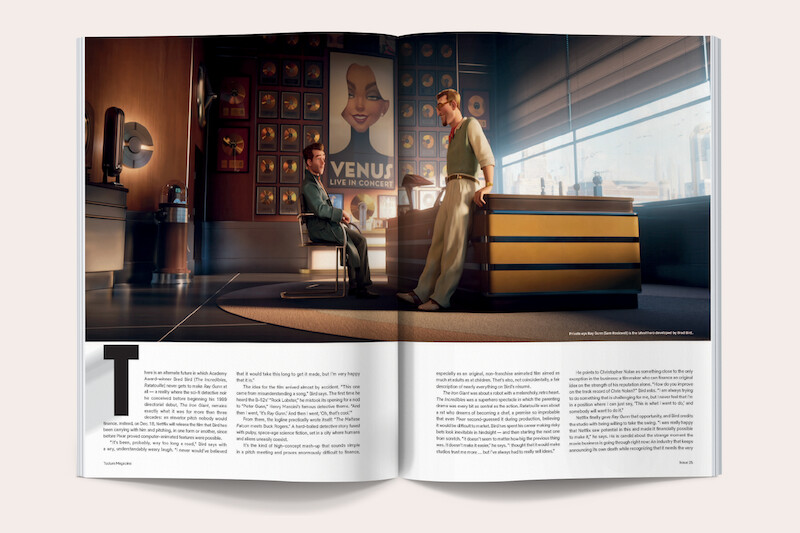 Two people talk in a stylish, modern office with large windows, gold record plaques, and a vintage poster on the wall. Sunlight streams in, adding warmth to the professional yet relaxed setting.