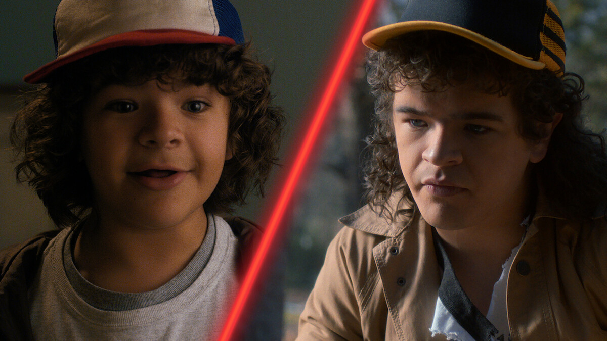 Diptych of Gaten Matarazzo as Dustin Henderson in ‘Stranger Things’ Season 1 and Season 5.