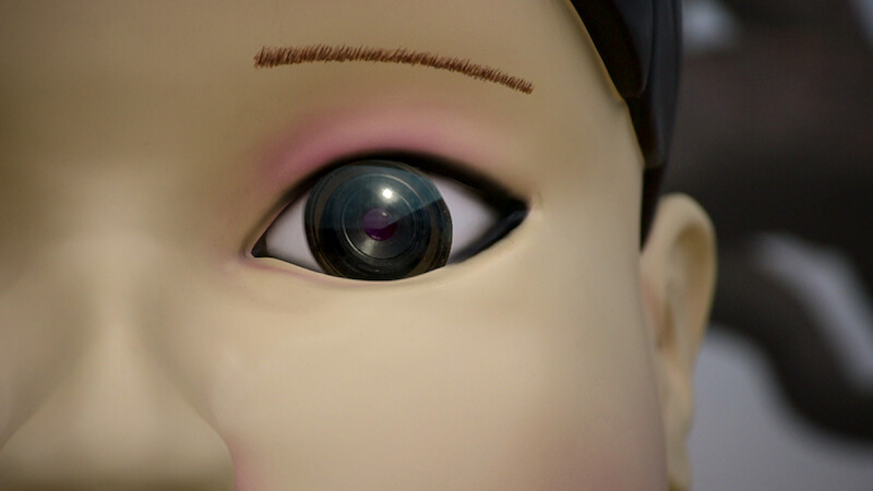 a close up of the eye of the doll from Squid Game