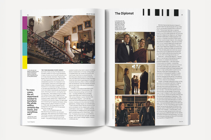 Magazine spread featuring a staircase scene with a woman in a gown, several framed portraits, and film crew; on the right, three scenes from "The Diplomat" showing people in elegant settings, along with descriptive articles and captions.