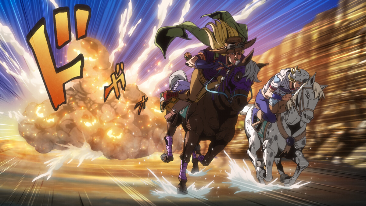 Two animated characters on horses race through water with an explosion and motion blur in the background, vibrant colors and dynamic action, Japanese sound effects appearing in the scene.
