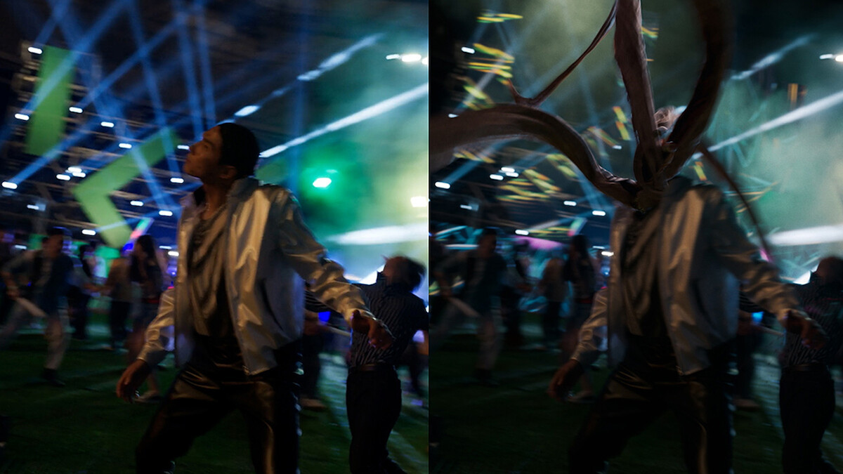 A split shot showing before and after VFX in 'Parasyte: The Grey'