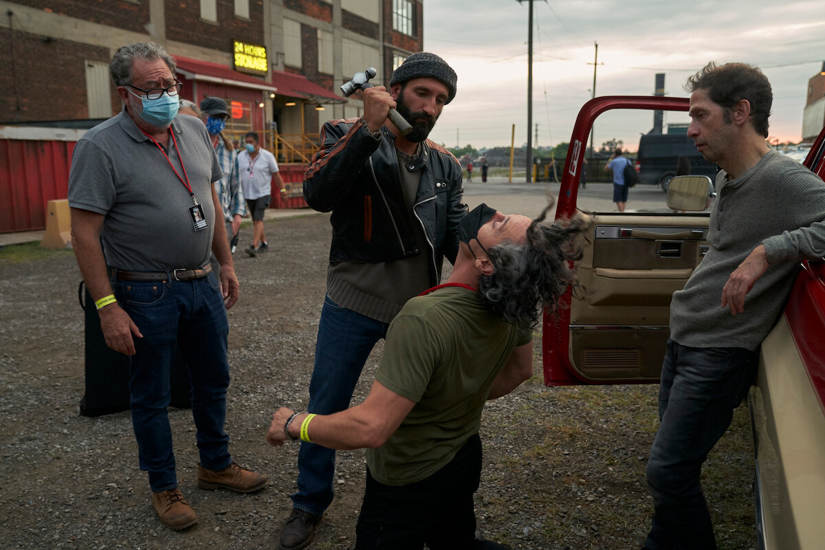 Director Guillermo Navarro, Bart Badzioch as Eyes, Tim Blake Nelson as Nick Appleton in episode “Lot 36” of Guillermo del Toro's Cabinet of Curiosities.