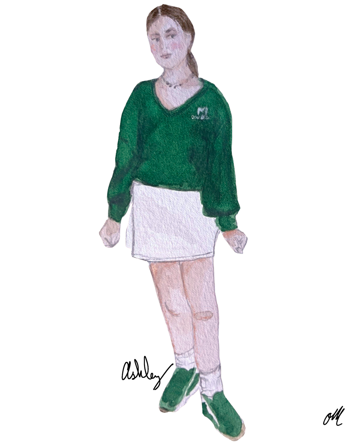 Illustration of a young woman standing, wearing a green sweater, white mini skirt, and green shoes.