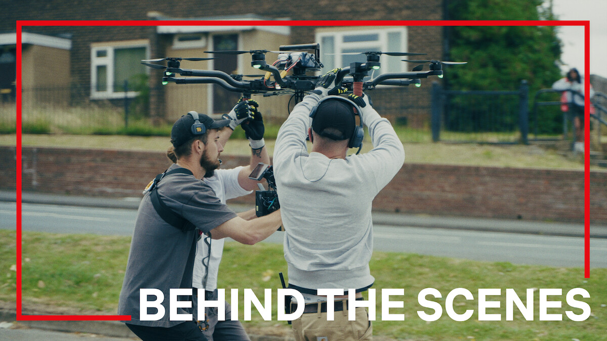 Matthew Lewis and cameramen operating a drone on the set of 'Adolescence'