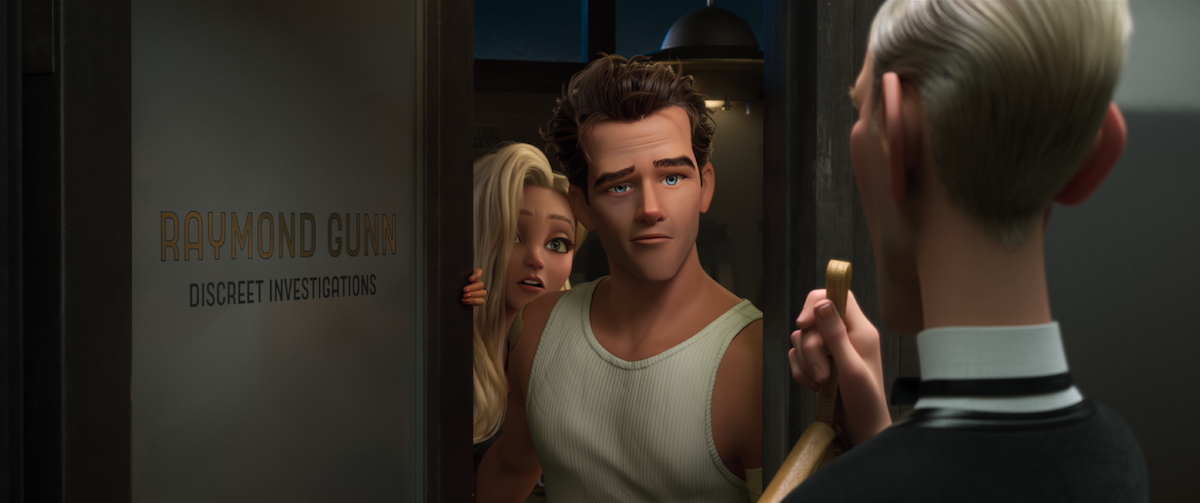 Ray Gunn (voiced by Sam Rockwell) and Venus Nova (voiced by Scarlett Johansson) stand at the doorway to Ray’s Discreet Investigations office with a man making a delivery in a tuxedo in the foreground.
