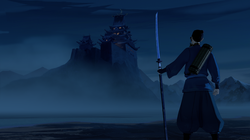 View from behind as Mizu looks into the distance with castle in background. 