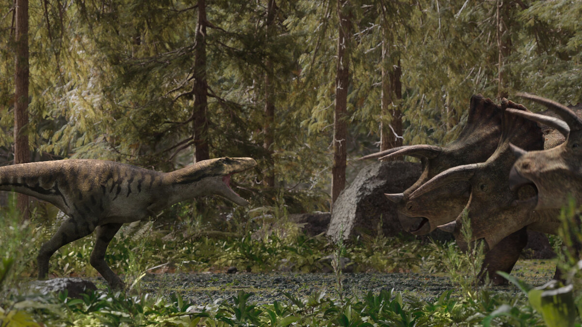 T. rex and triceratops face off in ‘Life on Our Planet.’ 