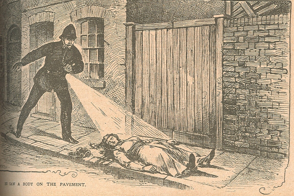 An illustration of Police Constable John Neil discovering the body of Jack the Ripper’s first victim, Mary Ann Nichols