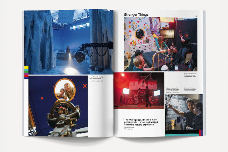 Magazine spread showing behind-the-scenes photos from Stranger Things, including film crews, studio sets, cameras, special effects equipment, and actors on colorful and atmospheric sets with crew members working.