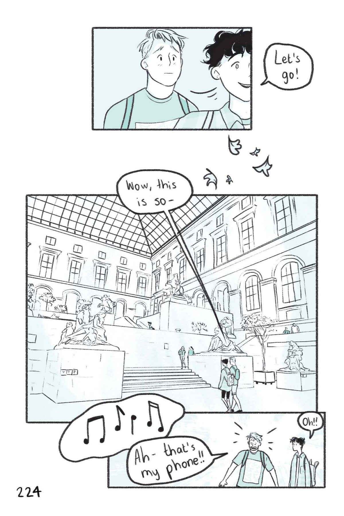 Excerpt from the graphic novel, Heartstopper, featuring Nick and Charlie in a museum.