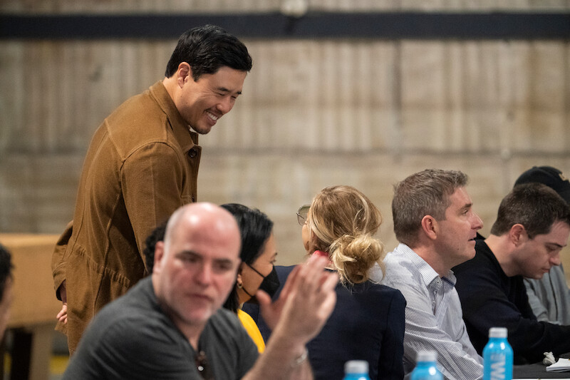 James Babson as Daryl Armogeda, Randall Park as Edwin Park, Sumalee Montano as Dana Hammond, Paul Fitzgerald as President Perry Morgan and Dan Perrault as Colin Trask at the table read for The Residence. 
