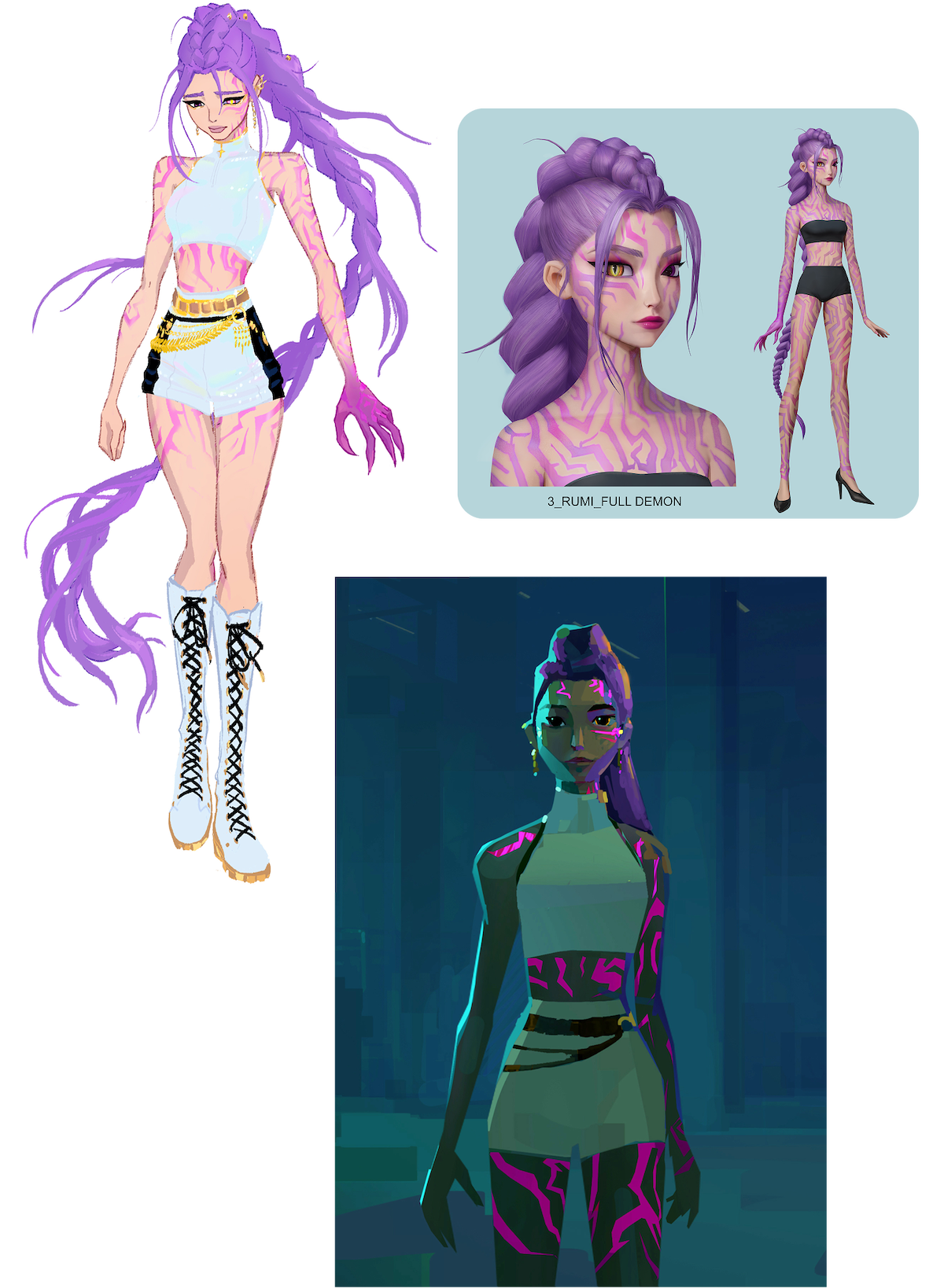 Rumi from 'KPop Demon Hunters' with long purple hair, glowing pink marks, futuristic white and black outfit; shown in sketches and a dark digital city environment.