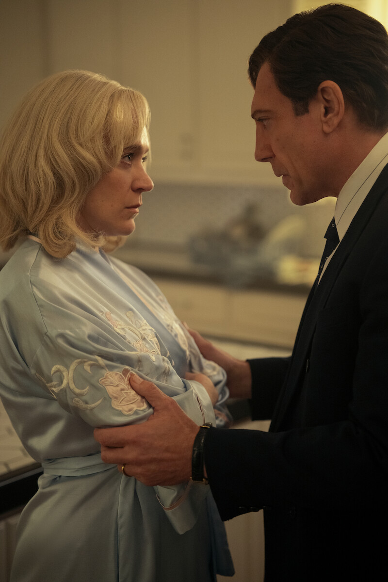 Kitty (Chloë Sevigny) and Jose Menendez (Javier Bardem) face off in a tense shot.