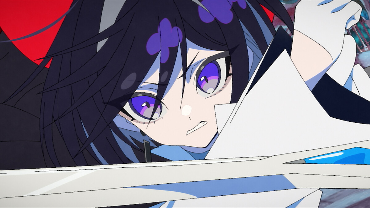 Anime character with intense purple eyes and dark hair, dressed in white and blue, holding a sword in a dramatic action pose, with a dynamic red and blue background suggesting a combat or fantasy environment.