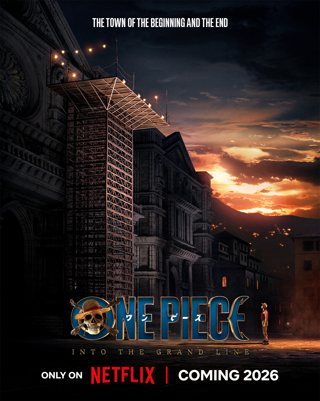 Key art for ‘ONE PIECE’ Season 2, featuring Iñaki Godoy as Monkey D. Luffy looking up at the execution platform in Loguetown.