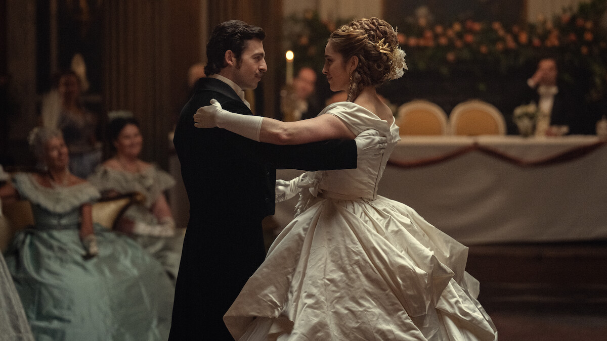 Anthony Boyle as Arthur Guinness and Danielle Galligan as Lady Olivia Hedges dance together in ‘House of Guinness’ Season 1.