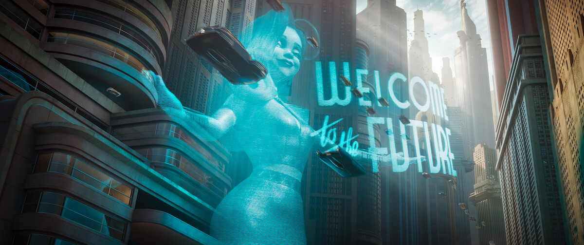 An image of Ray Gunn’s Metropia, the city Bird has been designing in his head for years, looks like a retrofuturist metropolis built in a streamlined, optimistic strain of Art Deco. A skyline of the city with flying cars and a huge holograph promotional advertisement of the popster Venus Nova (voiced by Scarlett Johansson) for her new album.