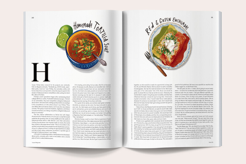 Magazine spread showing illustrated recipes; left page features homemade tortilla soup with lime and a spoon, right page features red and green enchiladas with sour cream and a fork, both on white plates above text columns.