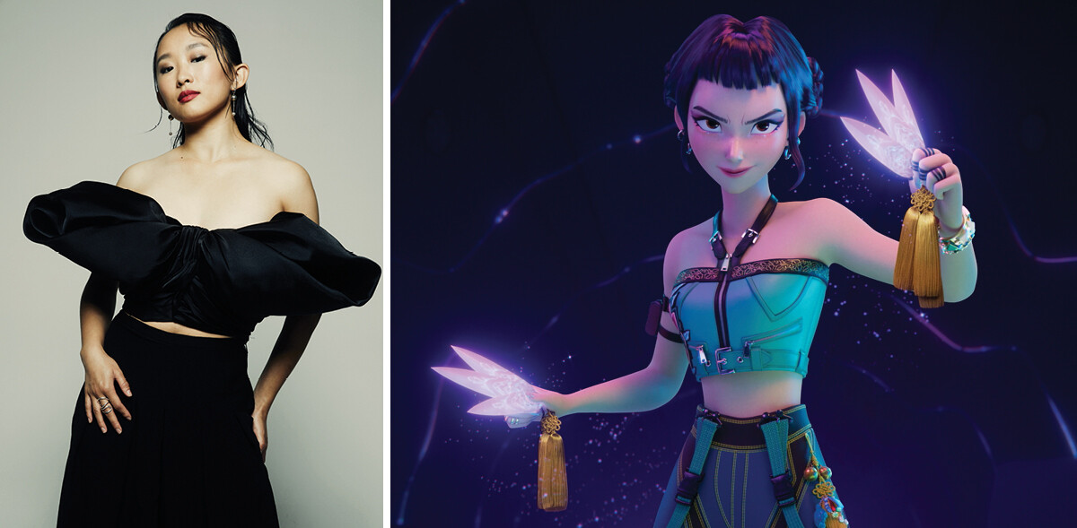 Diptych featuring a headshot of Ji-young Yoo and an animated still of Zoey in ‘Kpop Demon Hunters’