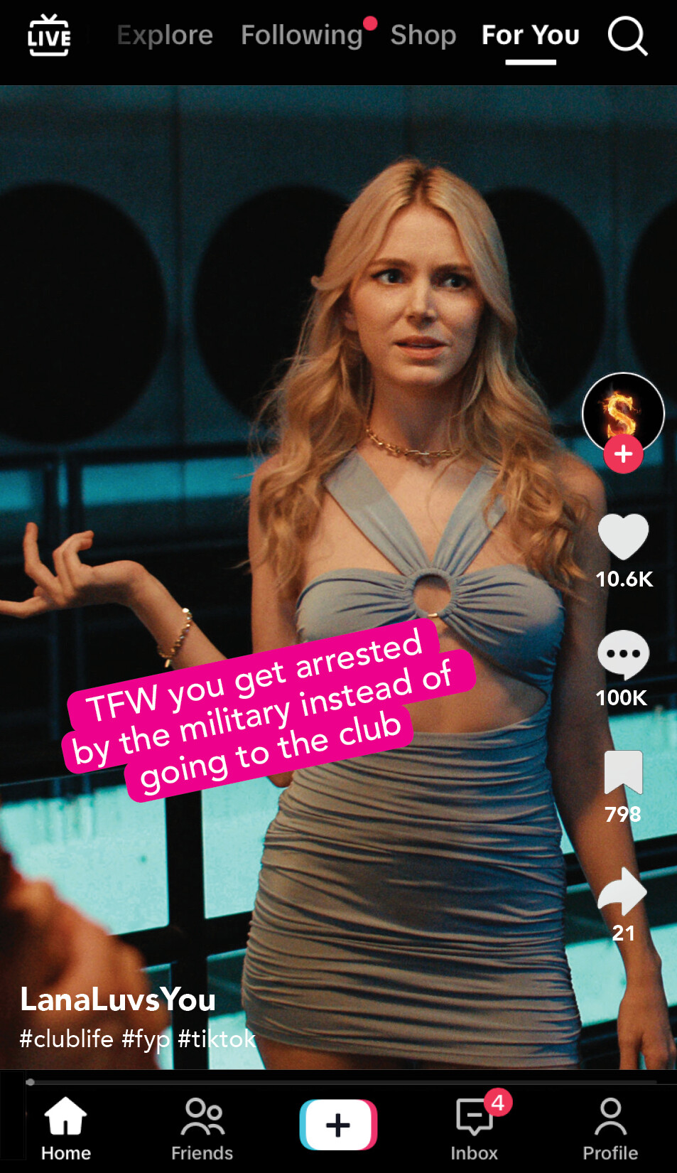 A screenshot from TikTok showing Lana, with a text overlay that reads “TFW you get arrested by the military instead of going to the club”