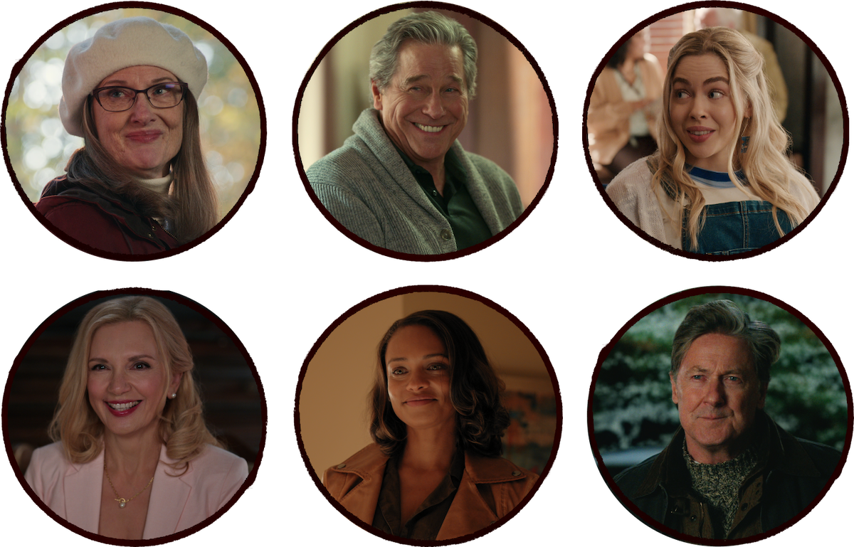 A grid of close-up shots of Annette O’Toole as Hope McCrea, Tim Matheson as Vernon “Doc” Mullins, Sarah Dugdale as Lizzie, Teryl Rothery as Muriel, Kandyse McClure as Kaia, and John Allen Nelson as Everett Reid from ‘Virgin River’