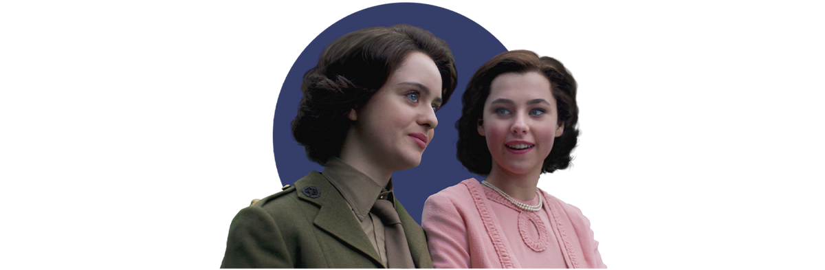 Young Elizabeth and Margaret standing next to one another 