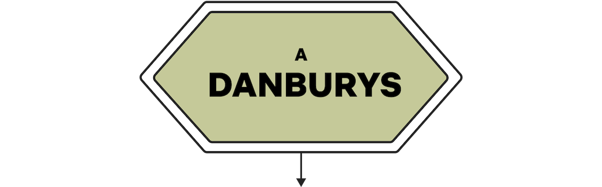 A tan, hexagonal road sign with black and white borders that reads "A DANBURYS" in bold black text, with a small arrow below pointing down.