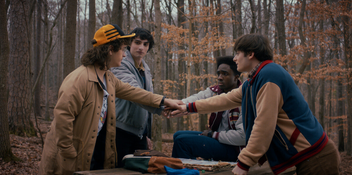 Gaten Matarazzo as Dustin Henderson, Finn Wolfhard as Mike Wheeler, Caleb McLaughlin as Lucas Sinclair, and Noah Schnapp as Will Byers in ‘Stranger Things 5.’