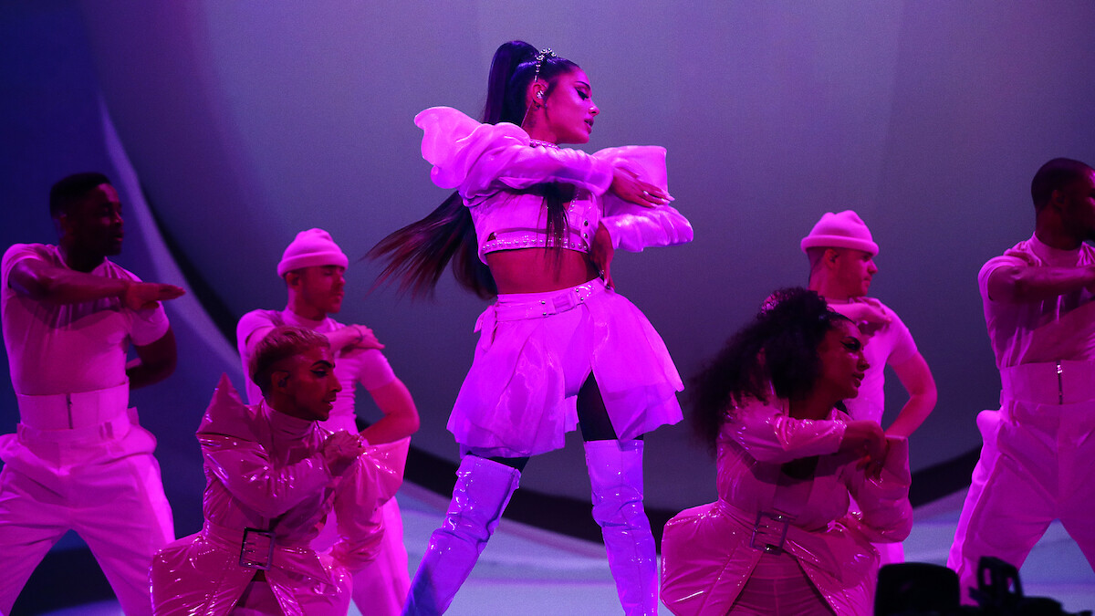 Ariana Grande with her background dancers in ‘ariana grande: excuse me, i love you.’