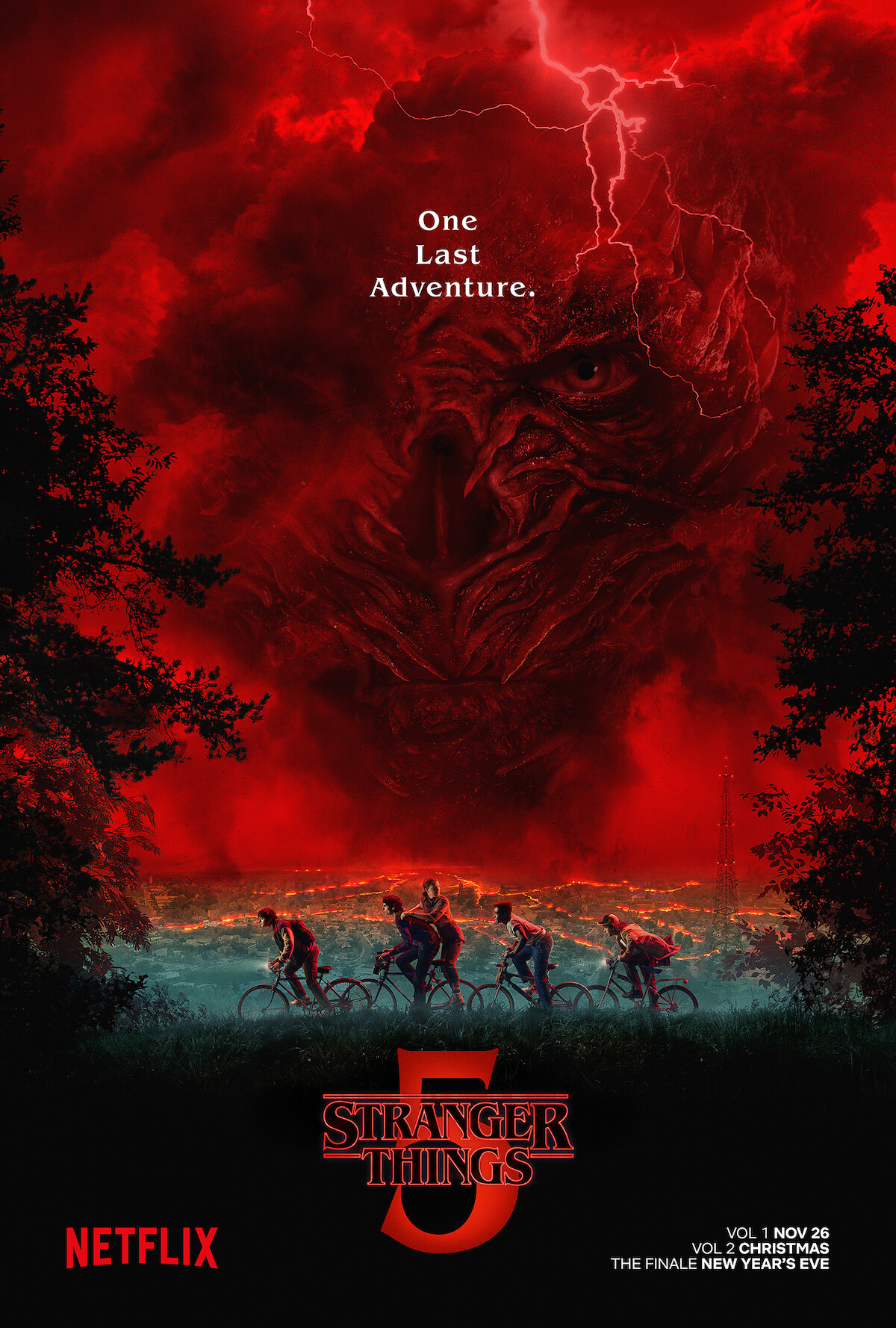 Key art for ‘Stranger Things 5’ features the kids riding bicycles as Vecna watches them from a red stormy sky.