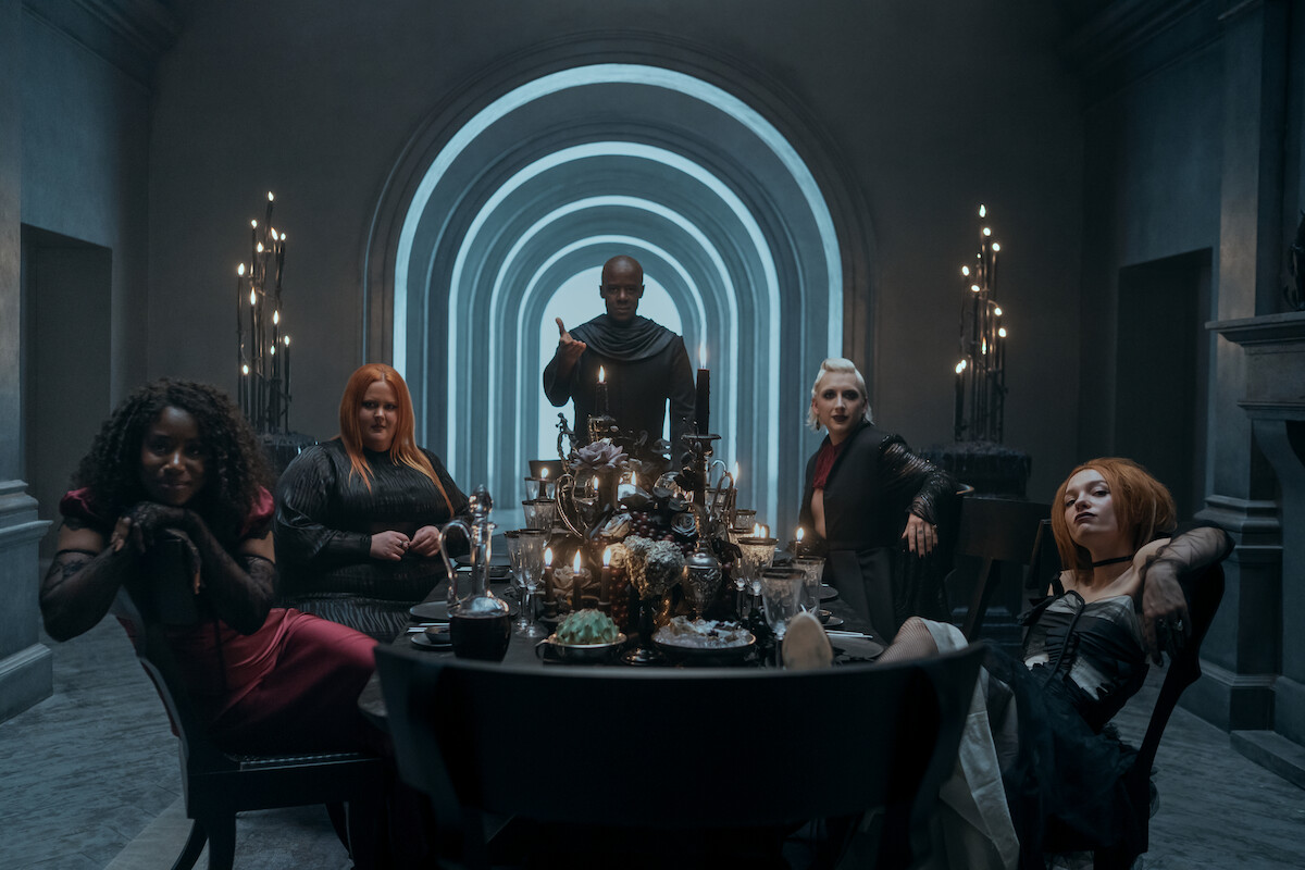 Kirby Howell-Baptiste as Death, Donna Preston as Despair, Adrian Lester as Destiny, Mason Alexander Park as Desire, and Esmé Creed-Miles as Delirium in ‘The Sandman’ Season 2.