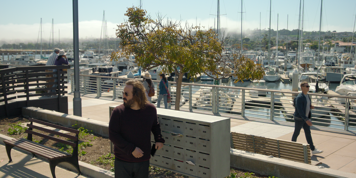 A man stands by a bench and small tree near a marina filled with sailboats. Other people walk along the waterfront path under clear skies, with light fog and hills in the background.