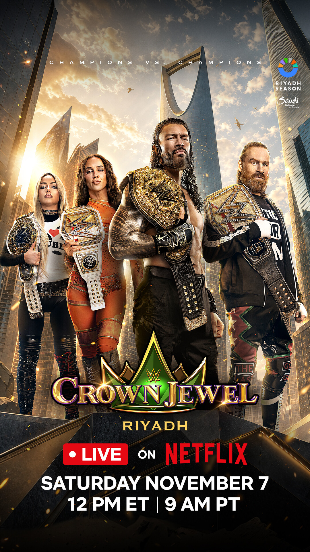 Four professional wrestlers with championship belts stand in front of Riyadh’s cityscape, promoting WWE Crown Jewel event, streaming live on Netflix, with event details and logos shown at the bottom.
