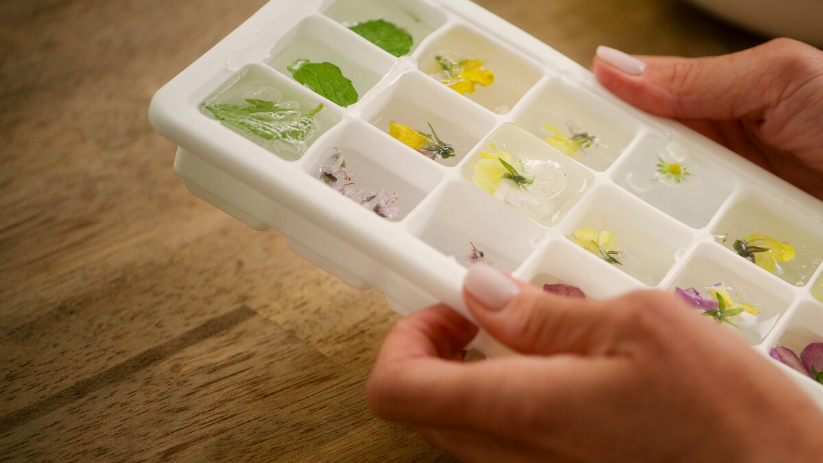 Botanical ice in a silicone ice tray.