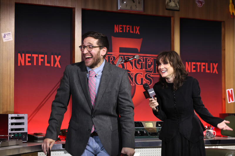 Josh Horowitz and Winona Ryder laugh at the 'Stranger Things 5' World Premiere.