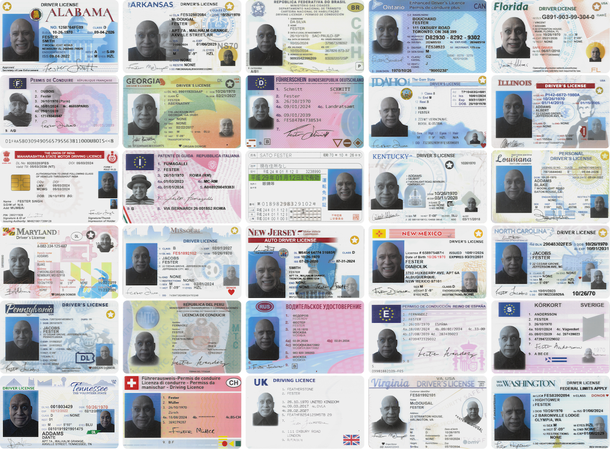 Grid of Uncle Fester’s fake driver’s licenses created for ‘Wednesday’ Season 2.