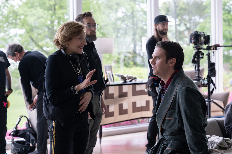 Director Lesli Linka Glatter and Dan Stevens as Evan Green on the set of 'Zero Day'