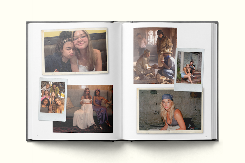 Photo album open to two pages showing candid portraits and group shots of young people, some dressed in casual clothes and others in costumes, posing indoors on couches and in what looks like an old stone building.