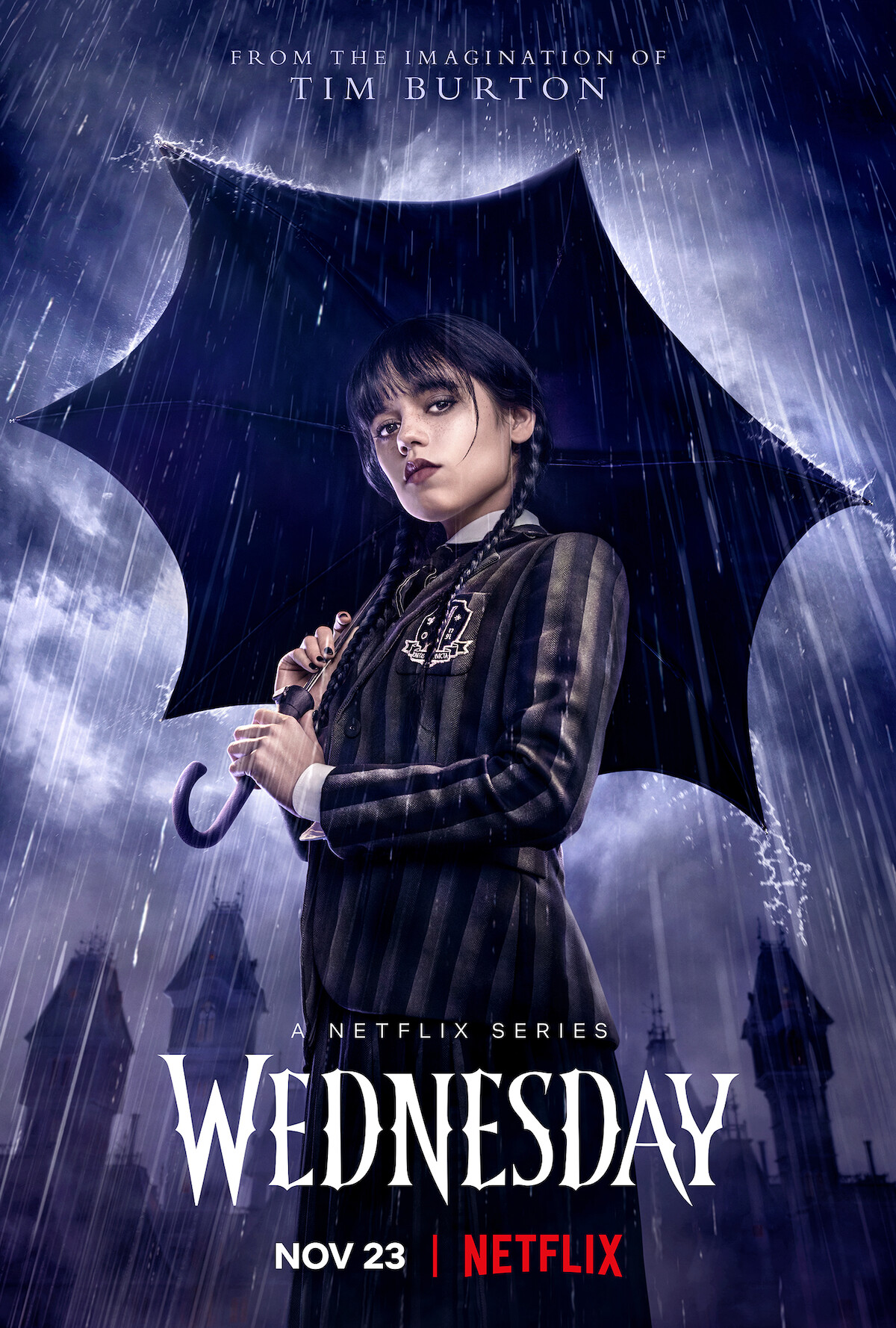 Official Netflix Wednesday poster featuring Jenna Ortega as Wednesday Addams