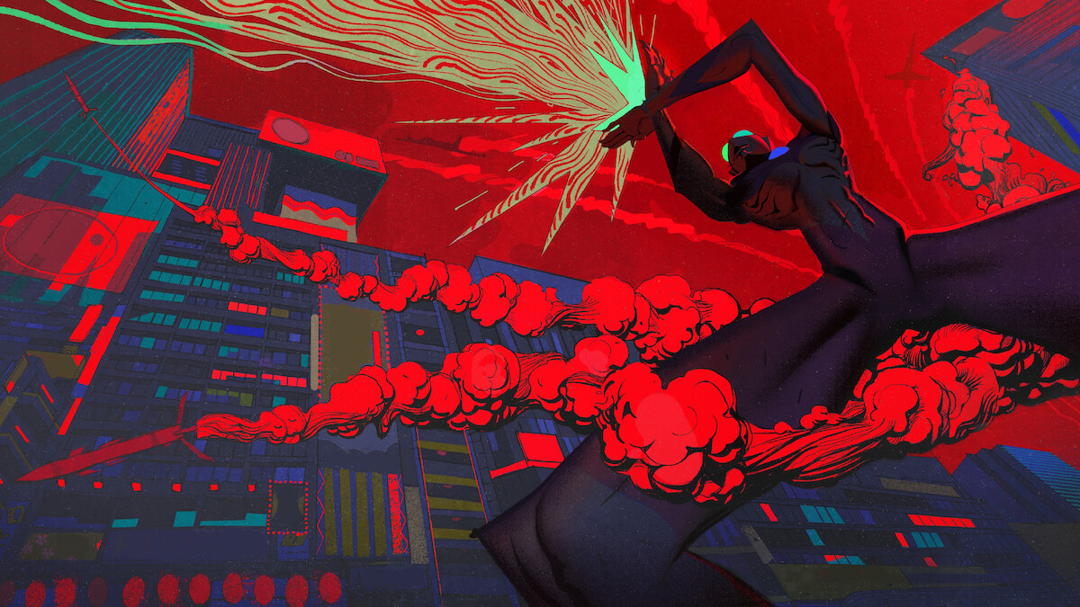 A figure in a city landscape releases a bolt of green energy from his hands in a still from ‘Ultraman.’