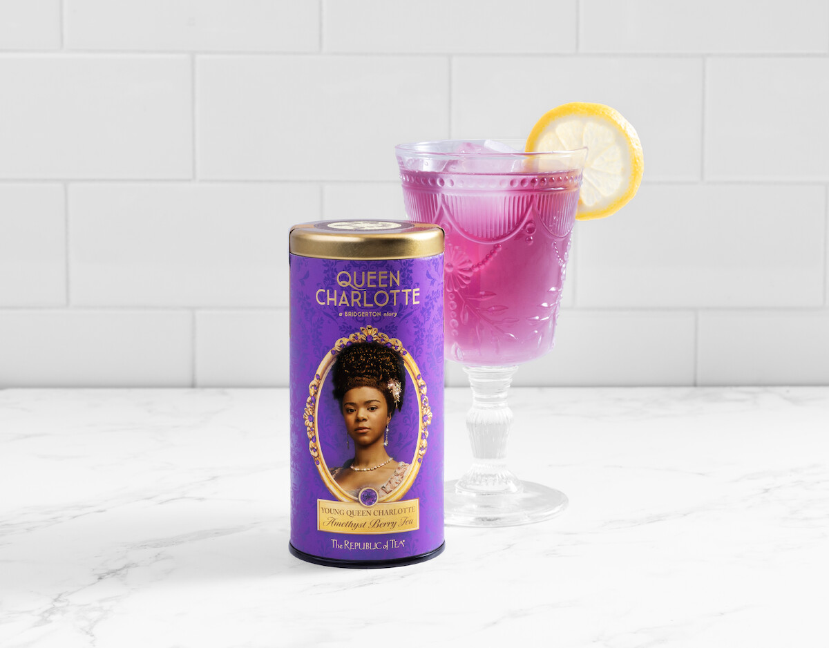 The Republic of Tea’s Sparkling Amethyst Lemonade recipe from Queen Charlotte-inspired teas. 